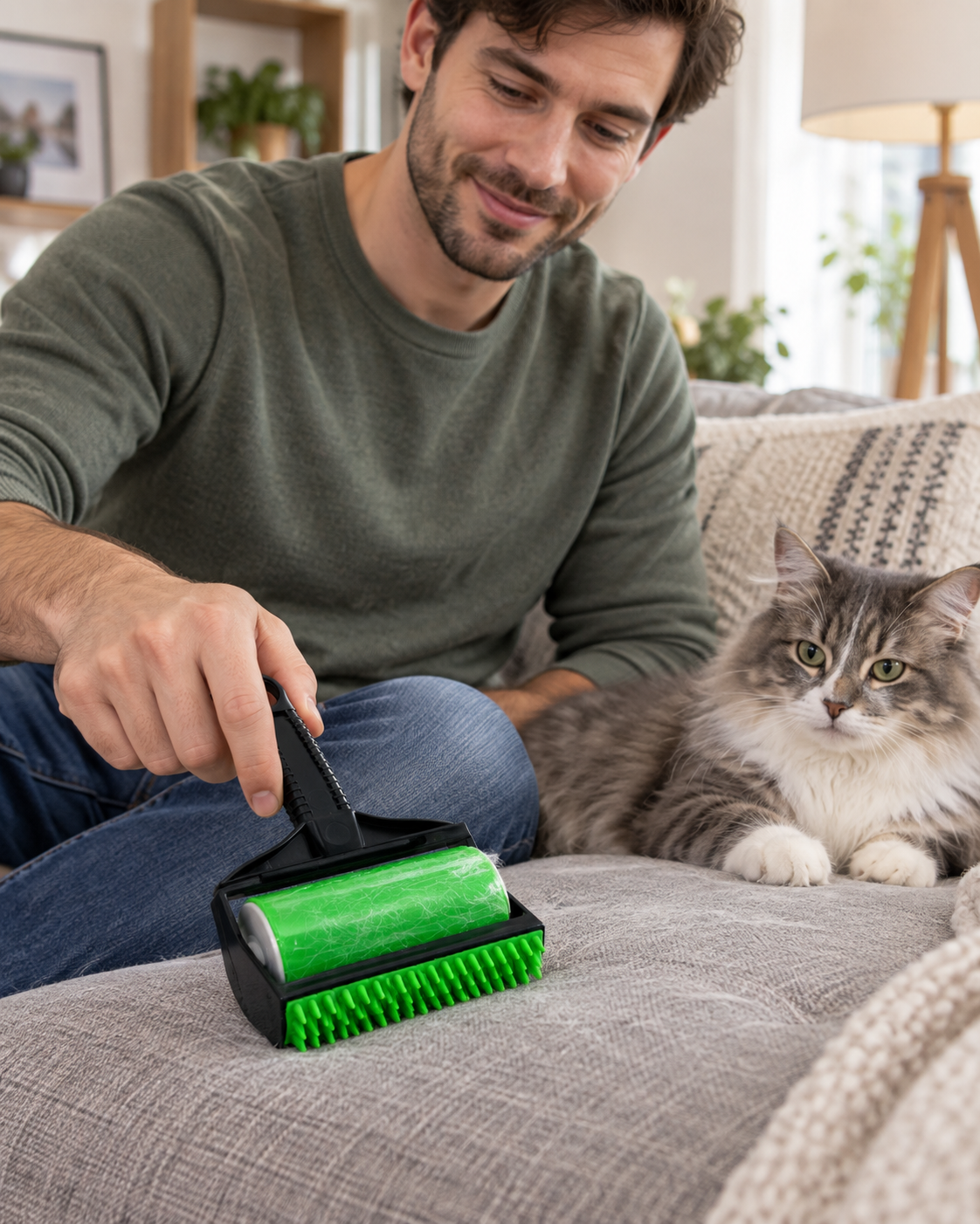 Pet owner using the reusable green pet hair remover roller on a sofa beside a cat