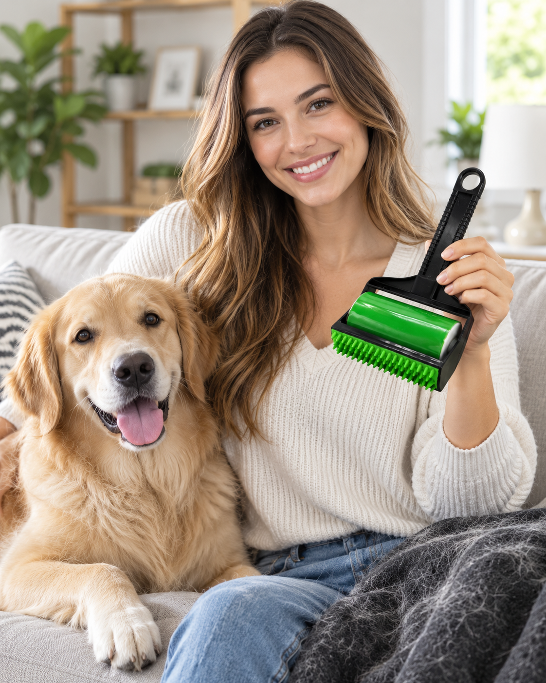Pet owner holding the reusable green pet hair remover roller beside a dog