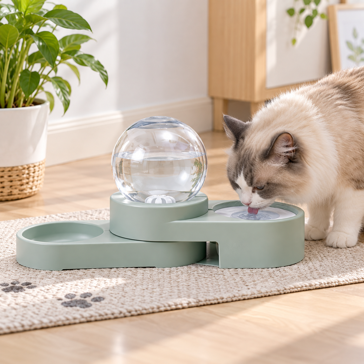 Green 1.8L automatic pet water dispenser used by a cat