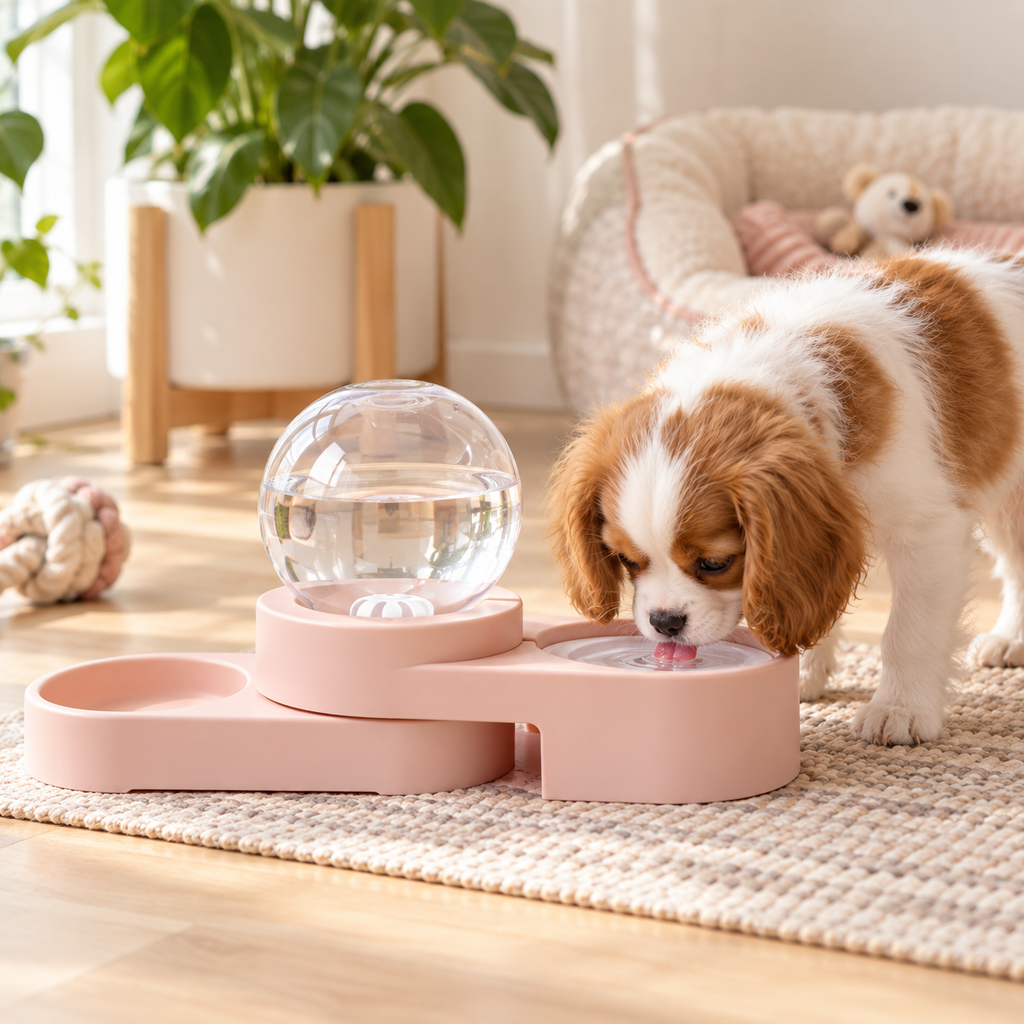 Pink 1.8L automatic pet water dispenser used by a small dog