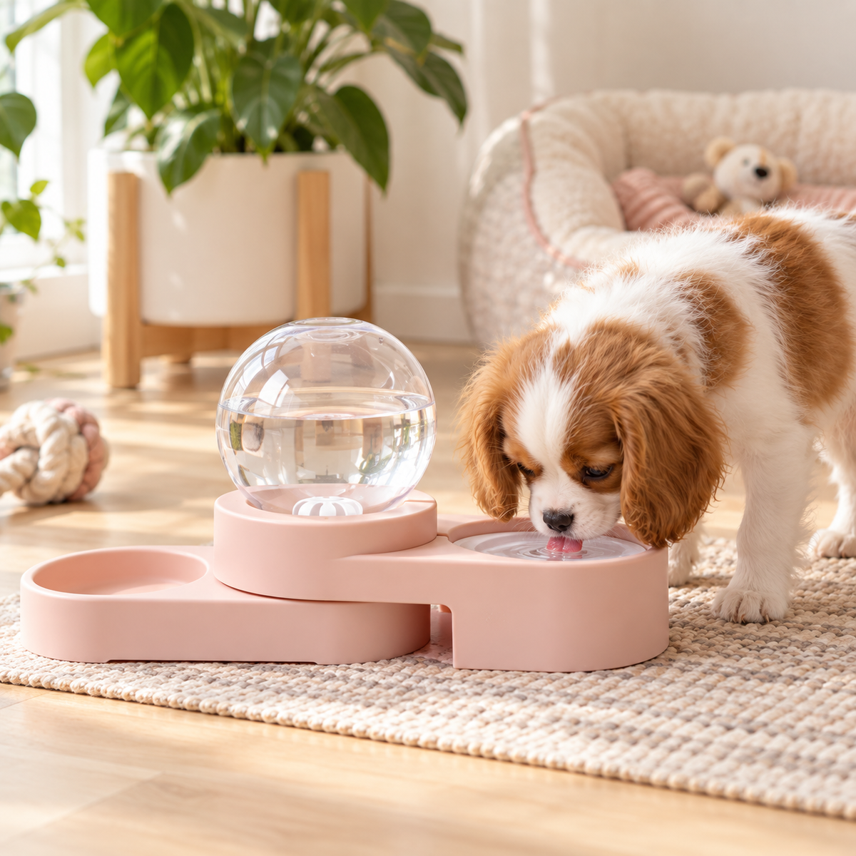 Pink 1.8L automatic pet water dispenser used by a small dog