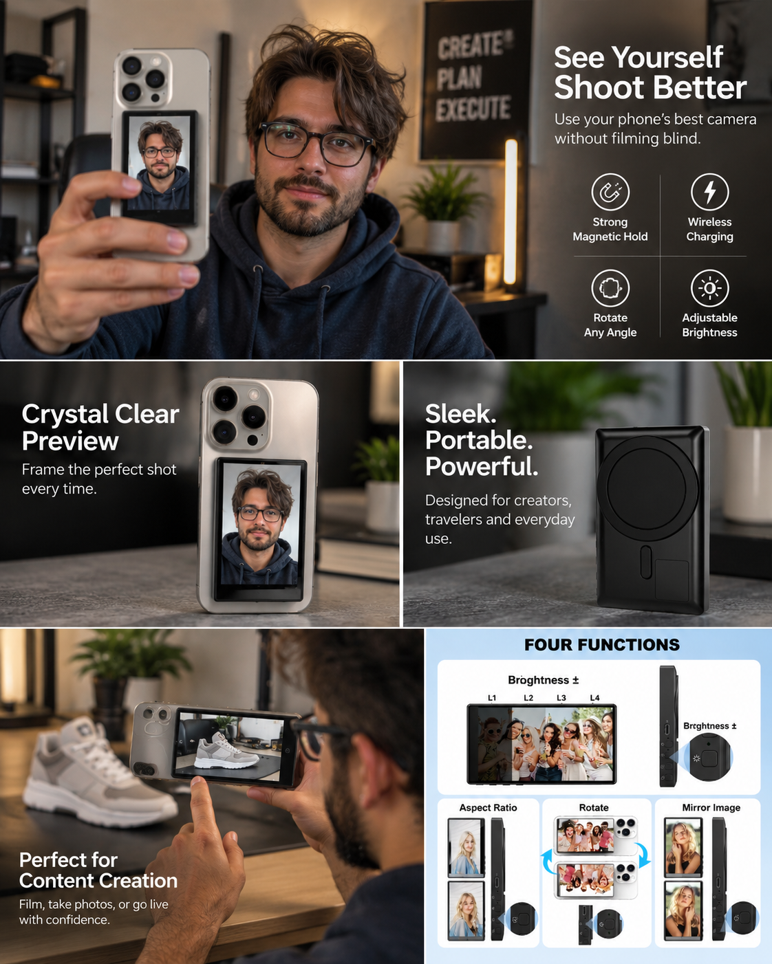 Magnetic rear-camera selfie monitor shown in realistic creator use and feature views